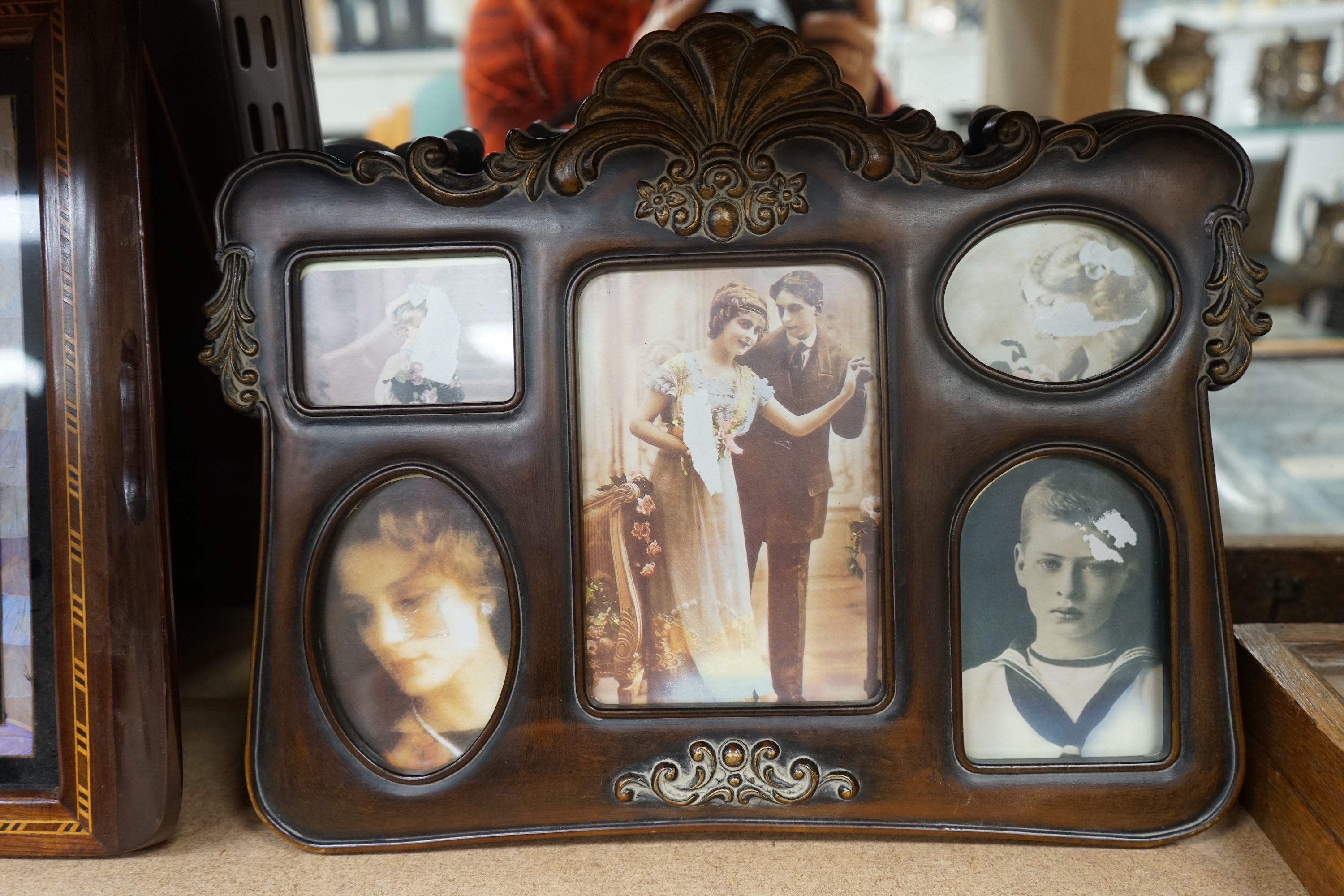 An Edwardian style multi photo frame and butterfly wing tray, 51cm wide. Condition - fair